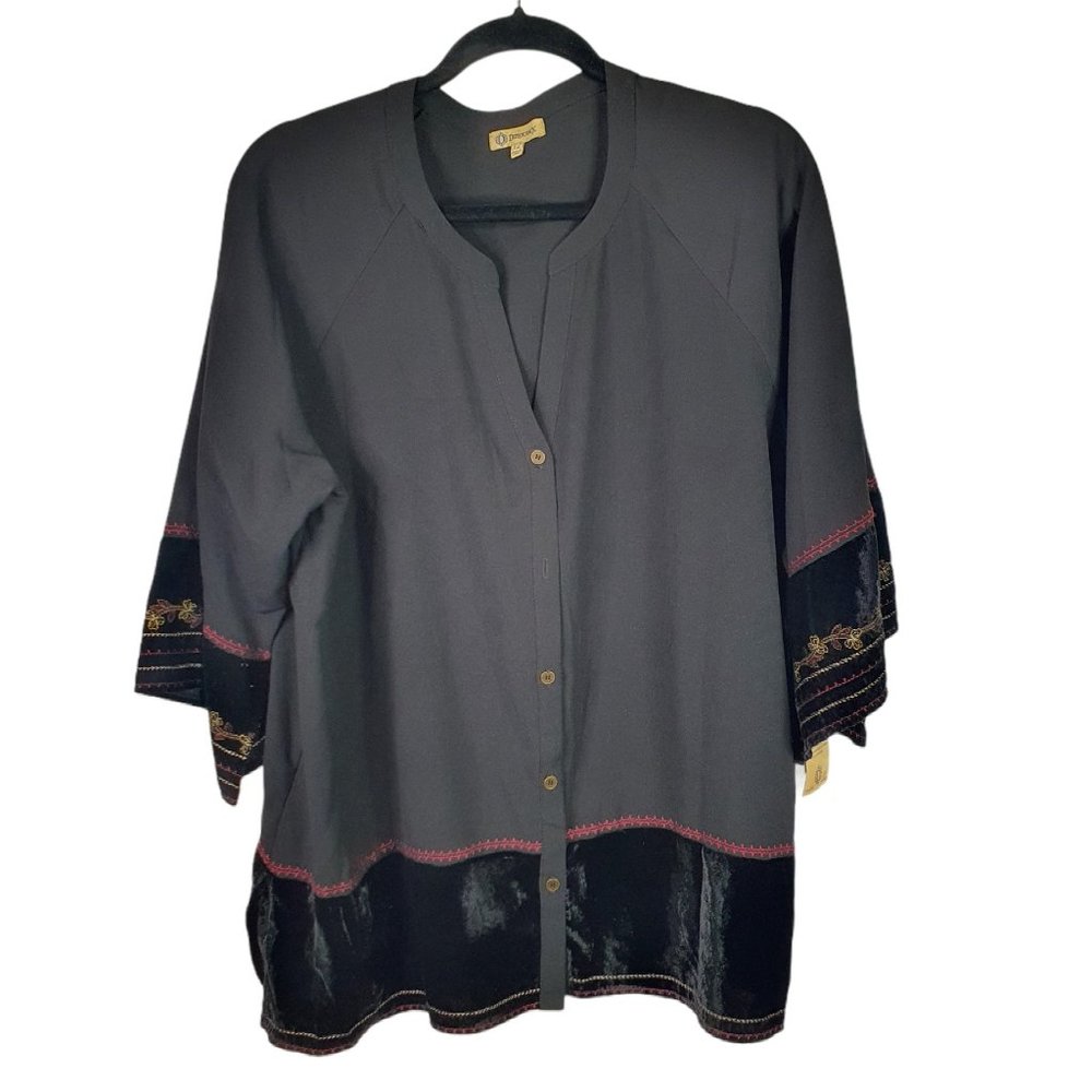 Democracy Black Button Down Blouse Boho Embroidered Short Slv Velvet Xl $88